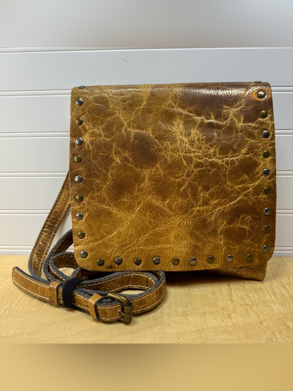 Patricia Nash Distressed Tan Leather Crossbody with Stud Trim